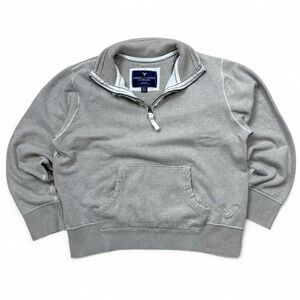 Y2K‎ American Eagle Grey Distressed 1/4 Zip Pullover Sweatshirt Sweater Men's XL
